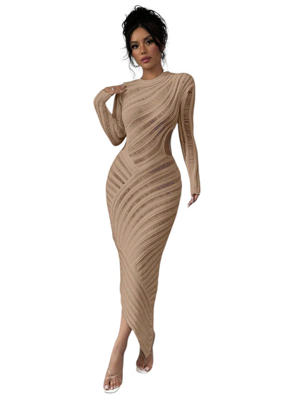 Raffinée Women's Crew Neck Long Sleeve Hollow-Out Fitted Dress