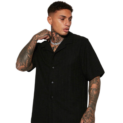 Dean Textured Short Sleeve Button Up Shirt Black