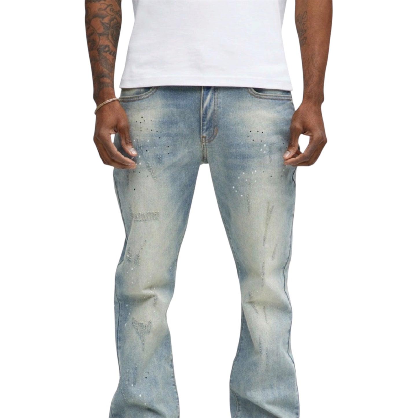 Ripped Bleach Splatter Stacked Slim Flare Jeans Light Blue Wash