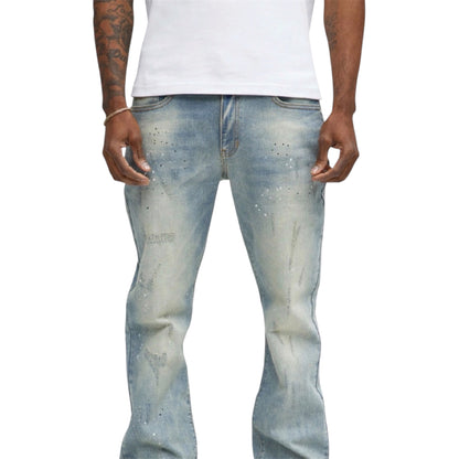 Ripped Bleach Splatter Stacked Slim Flare Jeans Light Blue Wash