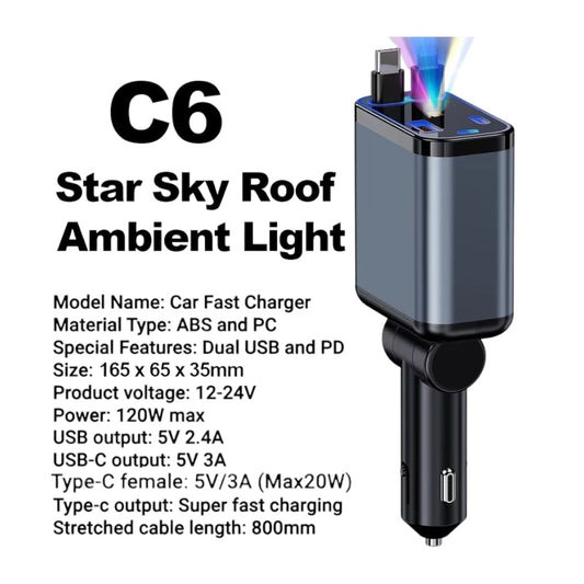 120W Retractable Fast Charger for Apple Devices - Type-C USB, Digital Display, PD QC3.0 Cigarette Lighter Adapter