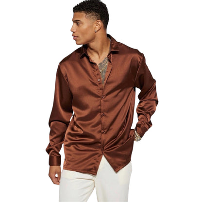 Links Satin Long Sleeve Button Up Shirt Chocolate