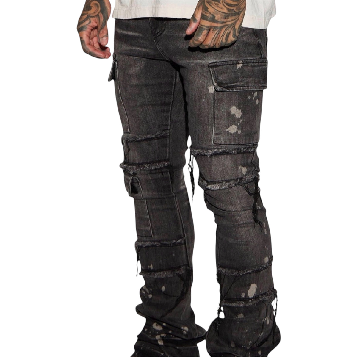 Side Snap Cargo Stacked Skinny Flare Jeans Black Wash