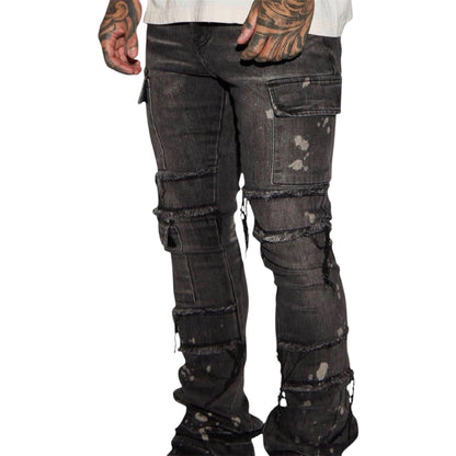Side Snap Cargo Stacked Skinny Flare Jeans Black Wash