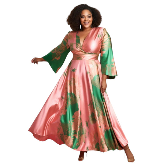 Women’s Plus Size Satin Colorblock Maxi Dress – Elegant V-Neck Flare Sleeve Wedding Guest Outfit