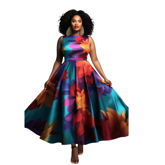 Floral Print Sleeveless A-Line Maxi Dress – Vintage Ethnic Summer Tank Dress for Women
