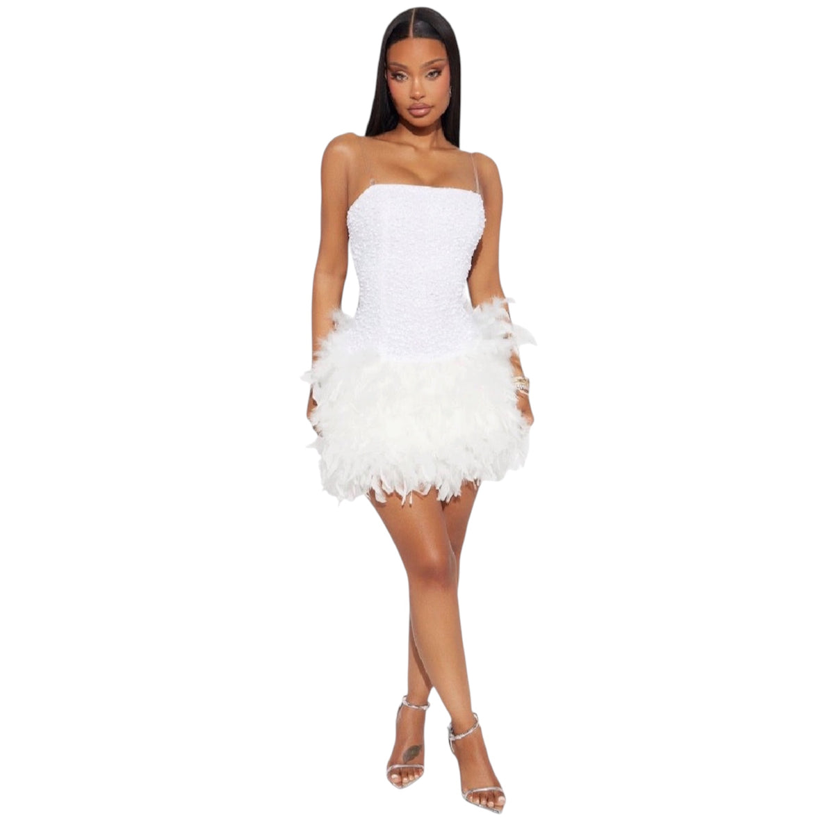 Zoey Feathered Sequin Mini Dress White