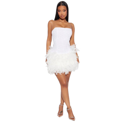 Zoey Feathered Sequin Mini Dress White
