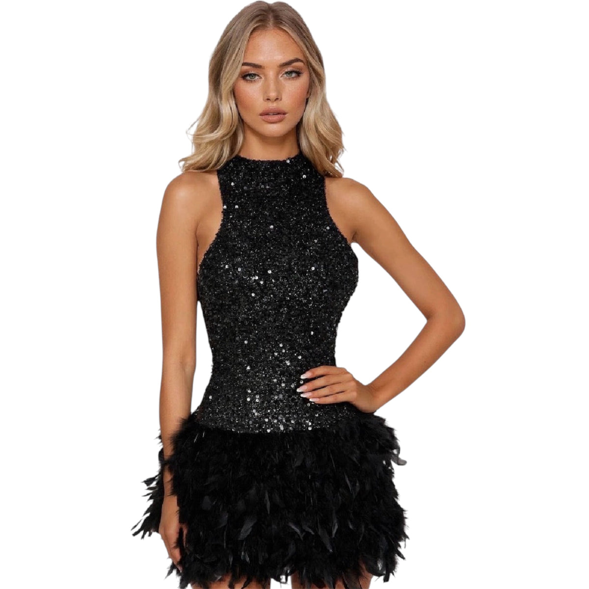 Zoey Feathered Sequin High Neck Mini Dress Black