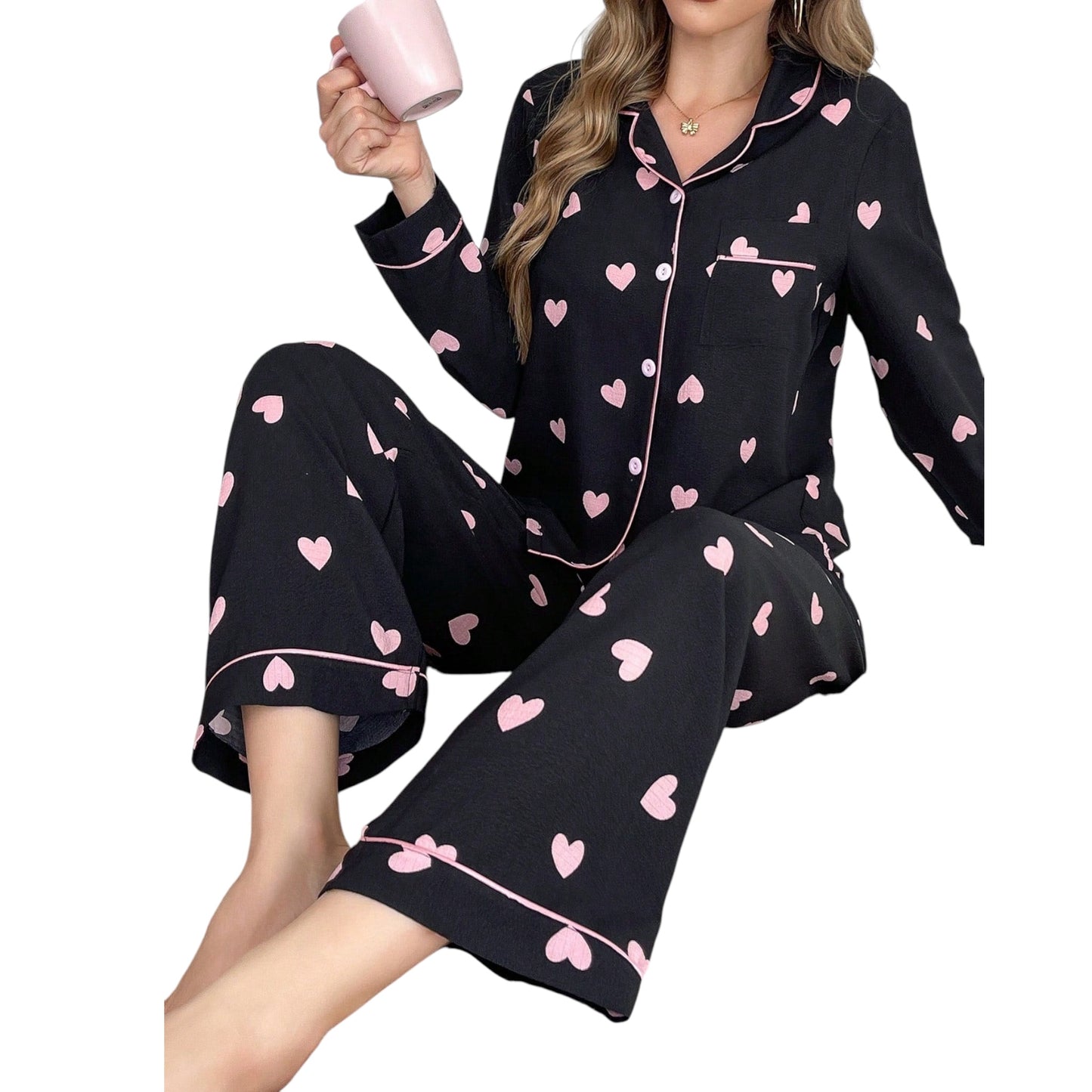 Contrast Trim Collared Cardigan & Heart Bubble Wrinkled Pajama Set for Women