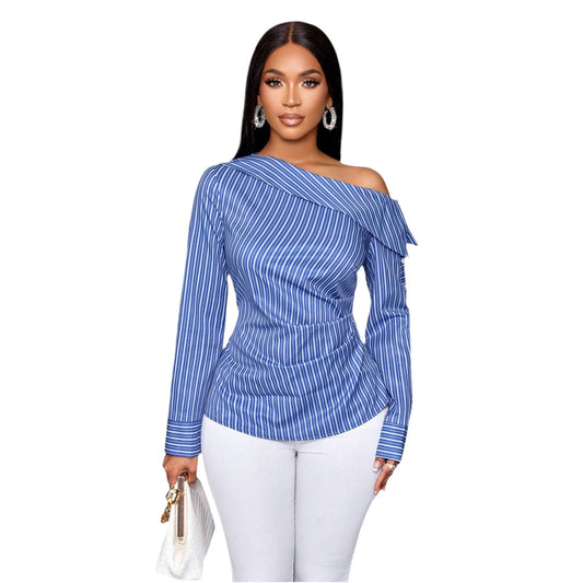 Women’s Casual Blue Asymmetrical Neck One-Shoulder Blouse with Pleated Details