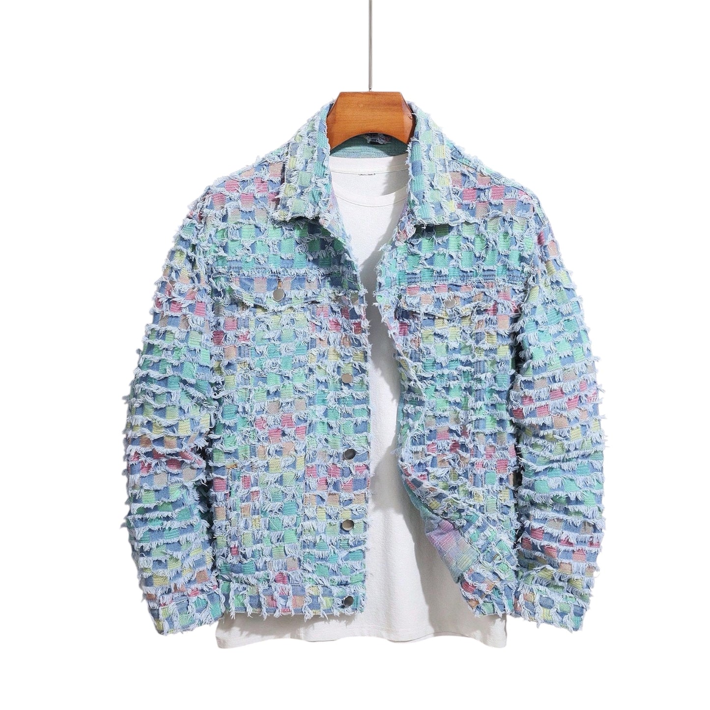 Manfinity LEGND Men'S Checkered Fringe Trim Long Sleeve Loose Denim Jacket