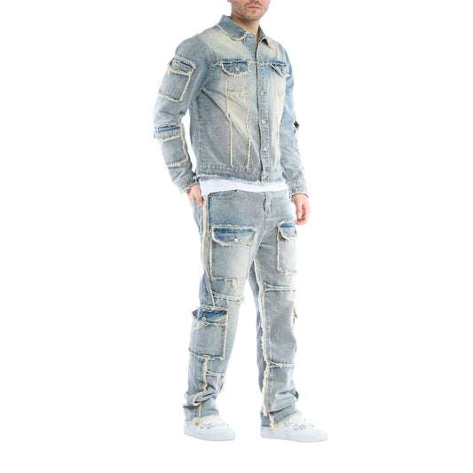 EMRG 2-Piece Men’s Casual Set – Long Sleeve Distressed Denim Jacket & Jeans for Autumn