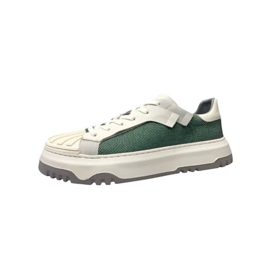 Men's Summer Casual Jogging Sneakers – Genuine Leather & Canvas Patchwork, Lace-Up Platform Shoes with Round Toe