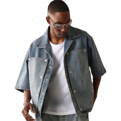 SUMWON Boxy Fit Revere Collar Elbow Sleeve Carpenter Denim Shirt – Metal Snap Detail for Casual Street Style