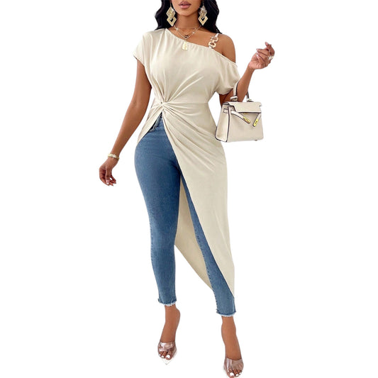 Asymmetrical Neck Twist Front Chain Detail Peplum Top