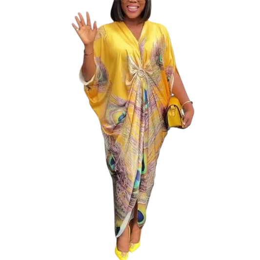 HBLL Plus Women’s Printed Wide Satin Loose Bat-Wing Sleeve Dress – Casual Street & Commuter Style