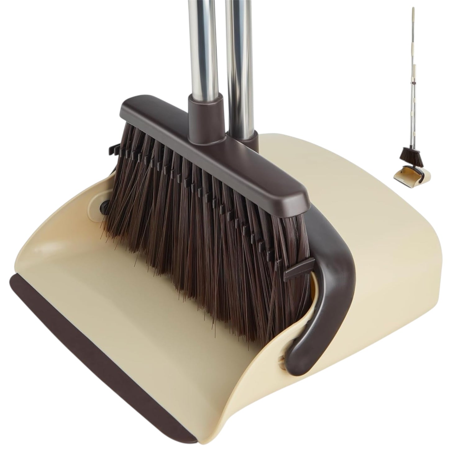 Long Handle Dustpan and Brush Set – Adjustable Height Broom with Comb Teeth – Indoor Sweeping for Kitchen, Office, Lobby and Pet Hair Removal (Brown Beige)