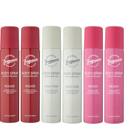 6 Pack Assorted Aromas Bundle - Rouge, Only One & Peony - Men & Women's Body Spray Deodorant Cans - for Instant Freshness on the Go - Long Lasting Smell, Great Gifts - 100Ml