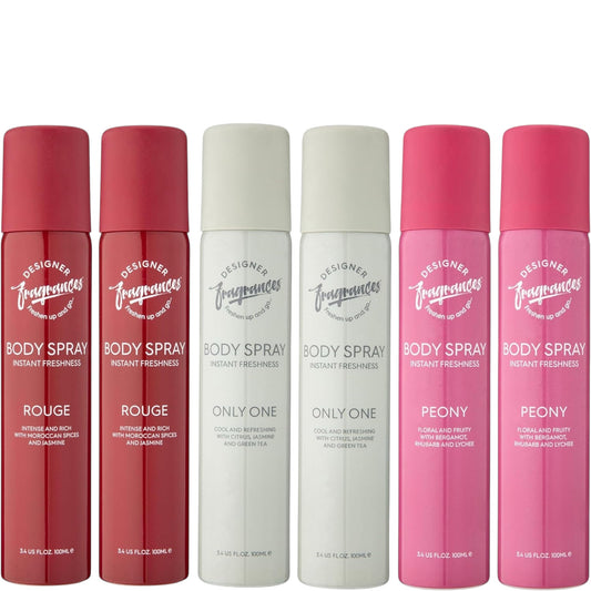 6 Pack Assorted Aromas Bundle - Rouge, Only One & Peony - Men & Women's Body Spray Deodorant Cans - for Instant Freshness on the Go - Long Lasting Smell, Great Gifts - 100Ml