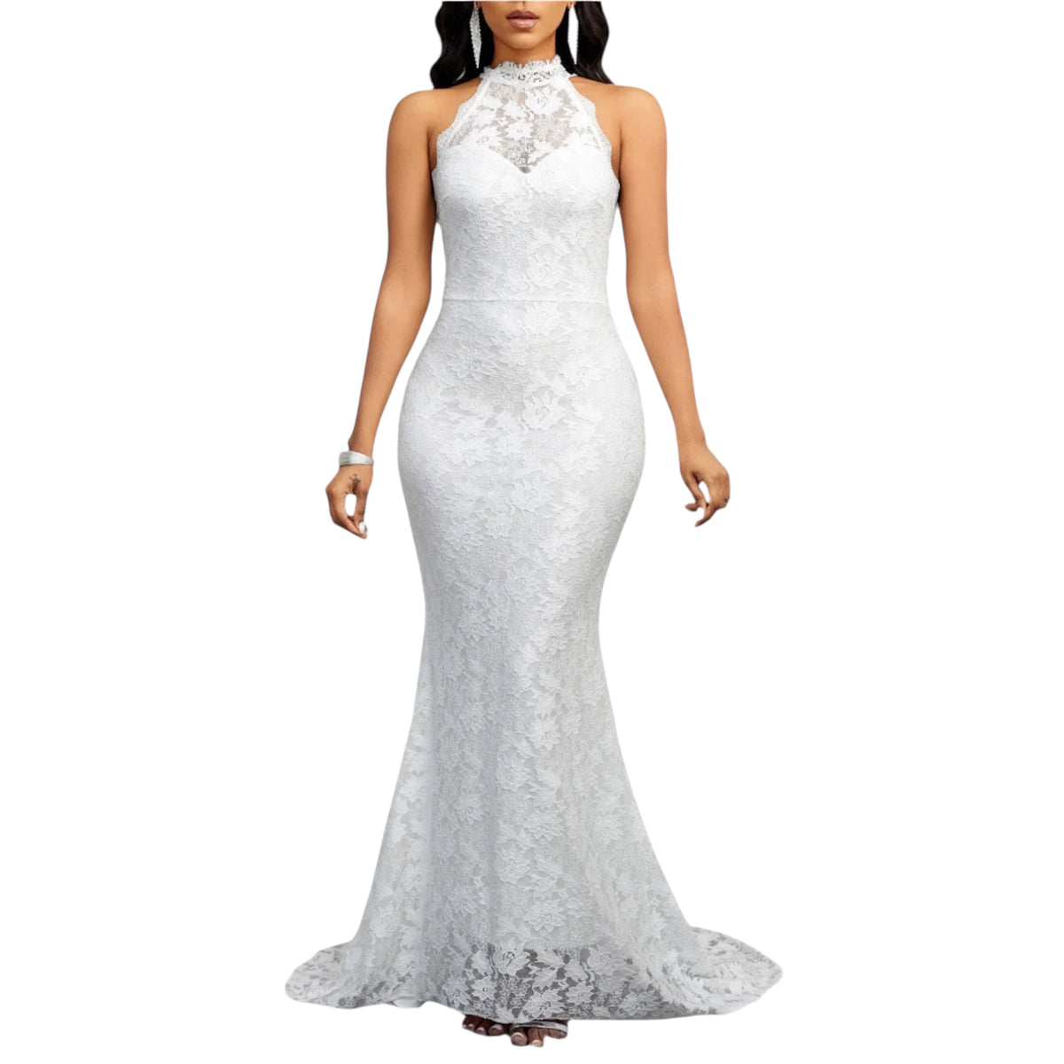 Women's White Lace Halterneck Dress, Sleeveless Open Back