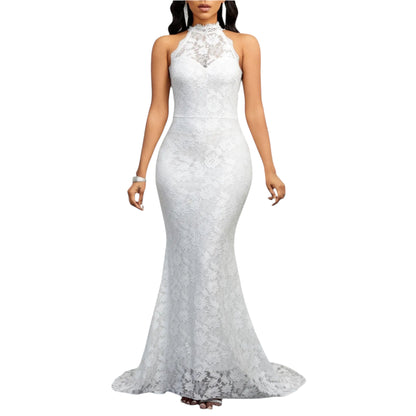 Women's White Lace Halterneck Dress, Sleeveless Open Back