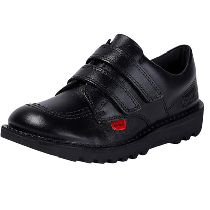 Unisex Kids Kick Lo Vel Twin Strap Black Leather School Uniform Shoes | Smart Everyday School Look | Hook & Loop Fastening, Cushioned for All-Day Wear, Sizes from 12.5, 13 uk child and 1, 2, 2.5 uk
