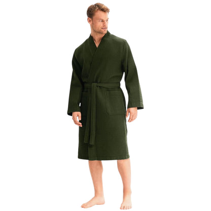 Men's Waffle Dressing Gown – 100% Cotton Lightweight Kimono Bathrobe