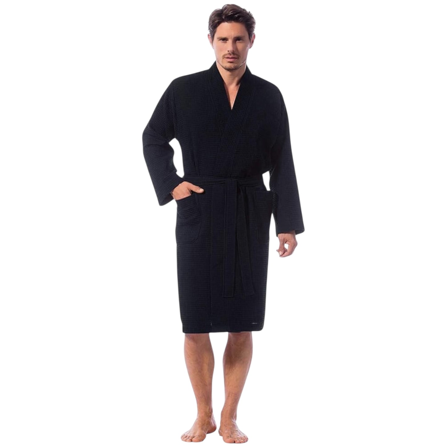 Men's Waffle Dressing Gown – 100% Cotton Lightweight Kimono Bathrobe