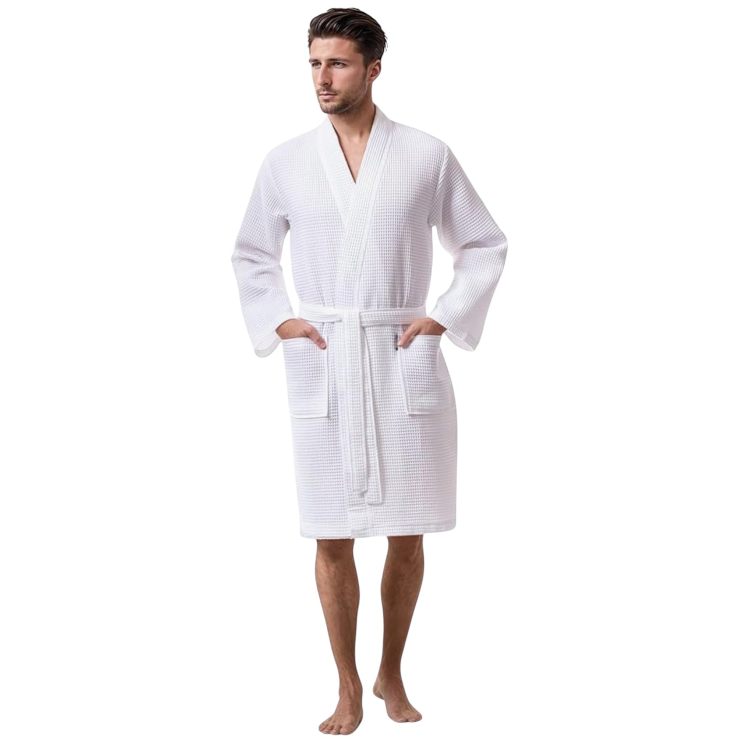 Men's Waffle Dressing Gown – 100% Cotton Lightweight Kimono Bathrobe