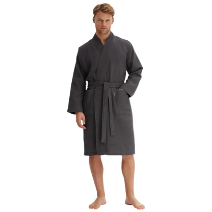 Men's Waffle Dressing Gown – 100% Cotton Lightweight Kimono Bathrobe