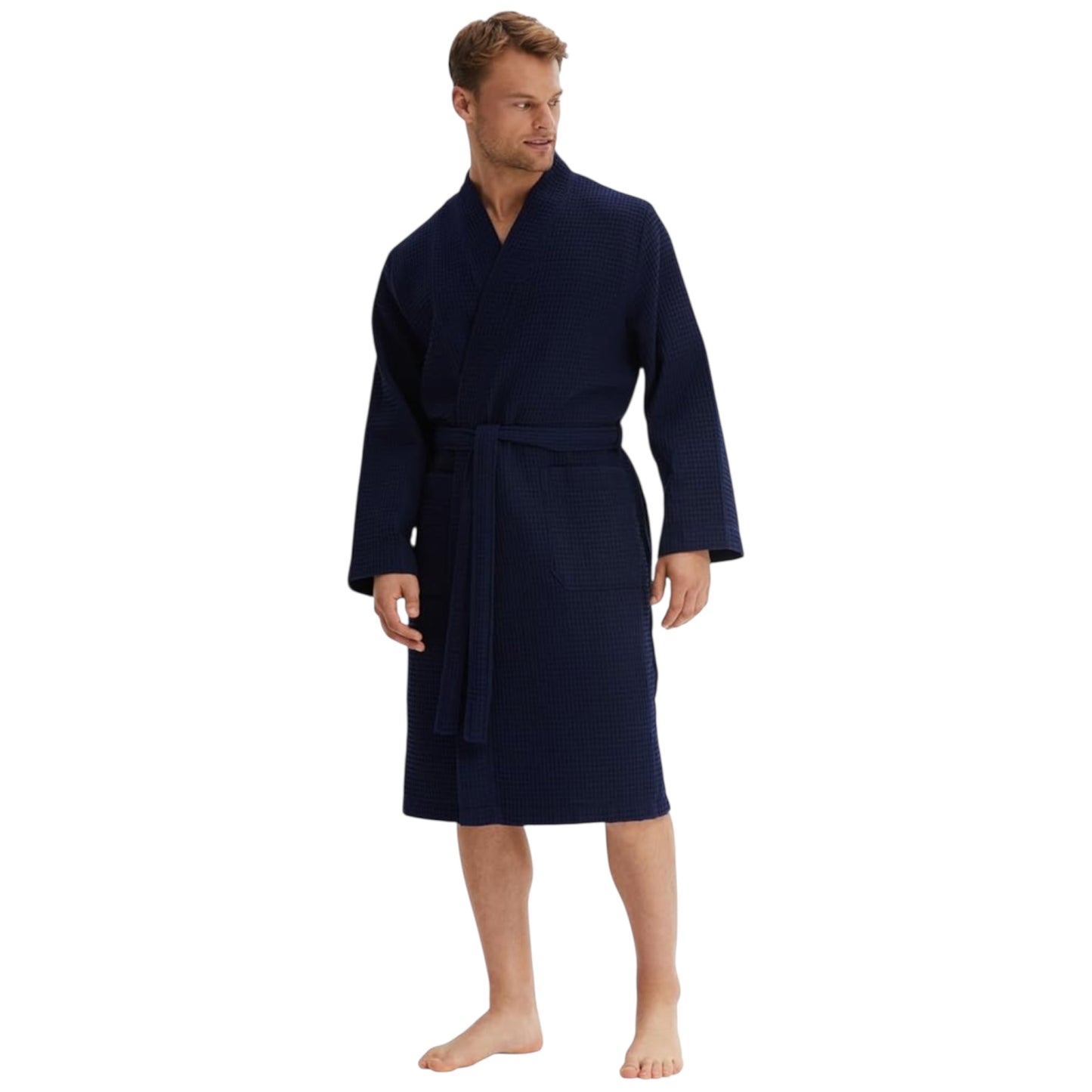Men's Waffle Dressing Gown – 100% Cotton Lightweight Kimono Bathrobe