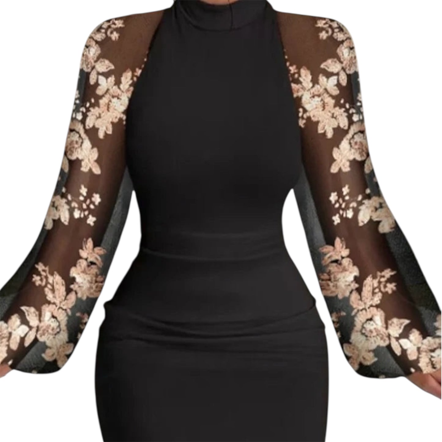 Women’s Round Neck Lace Lantern Sleeve Sequin Dress – Slim Fit, Hip-Hugging, Autumn Party Wear