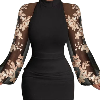 Women’s Round Neck Lace Lantern Sleeve Sequin Dress – Slim Fit, Hip-Hugging, Autumn Party Wear