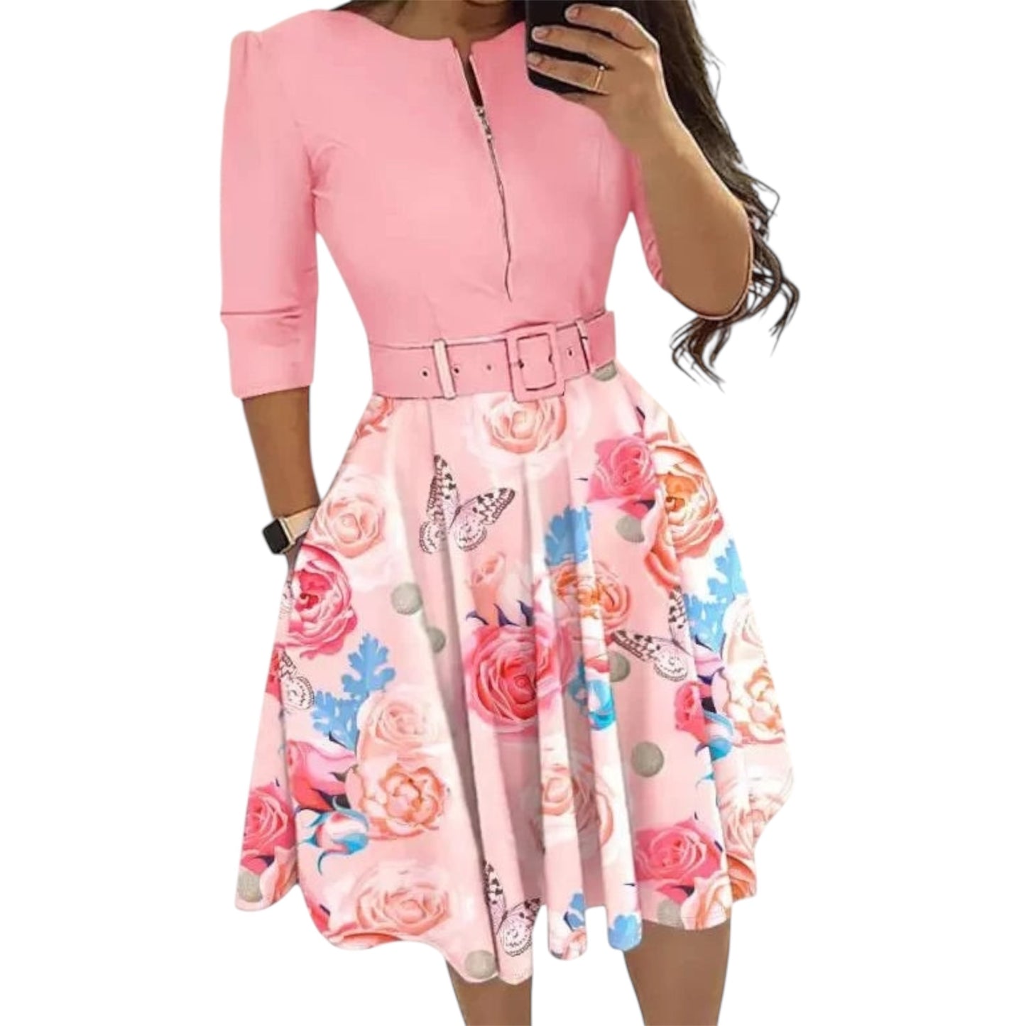 Women’s Autumn/Winter Printed Bodycon Dress – Long Sleeve with Waistband & Zip