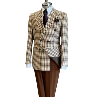 Men's Brown Houndstooth Double Breasted Suit Set