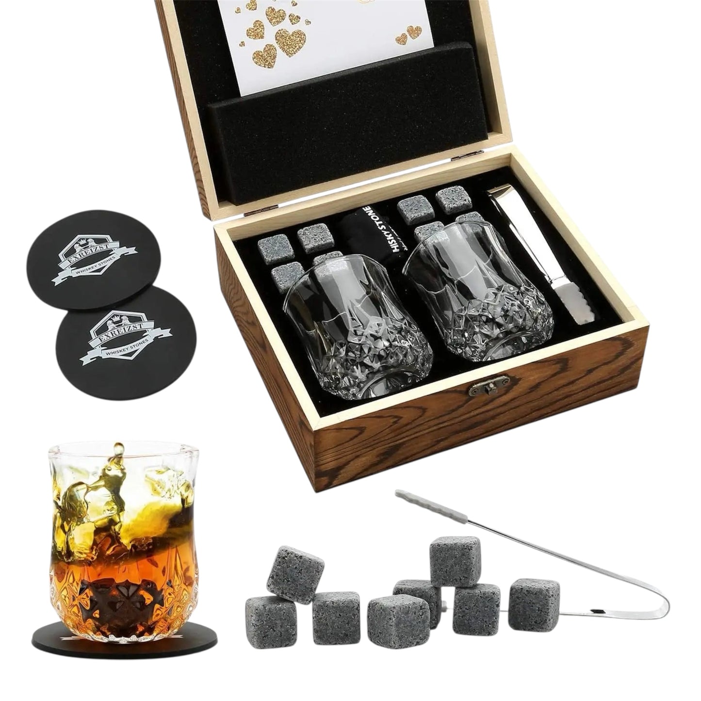 Whiskey Stones Gift Set – 2 Whiskey Glasses with Granite Chilling Rocks in Premium Wooden Gift Box