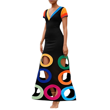 Freeacy Women’s Slim Fit V-Neck Short Sleeve Dress – Contrast Colour & Hollow Geometric Cutouts