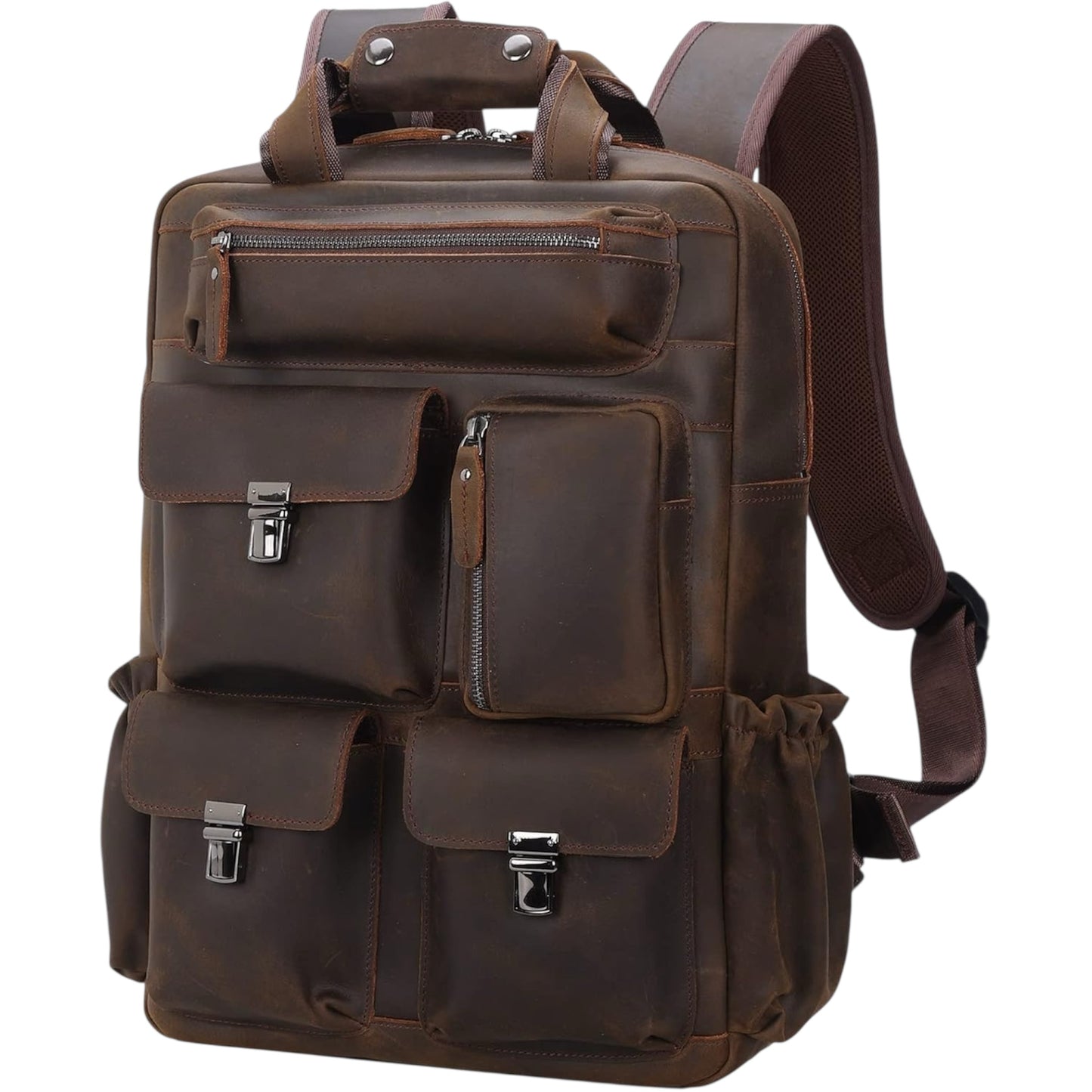 Vintage Leather Backpack for Men Travel Rucksack with Multi Pockets 15.6" Laptop Bag Casual Daypack, Brown