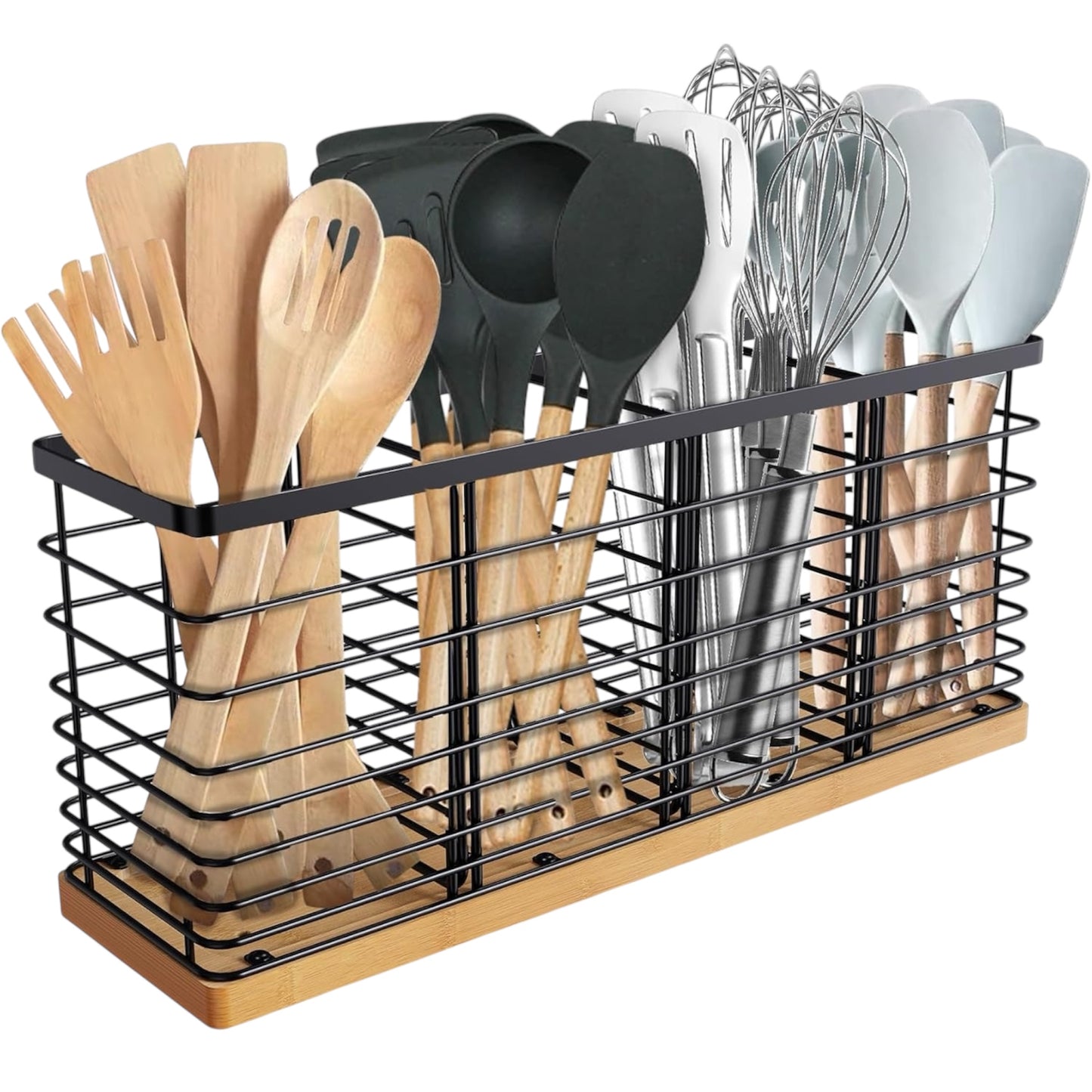 Large Matte Black Kitchen Utensil Holder with Wooden Base and 4 Compartments