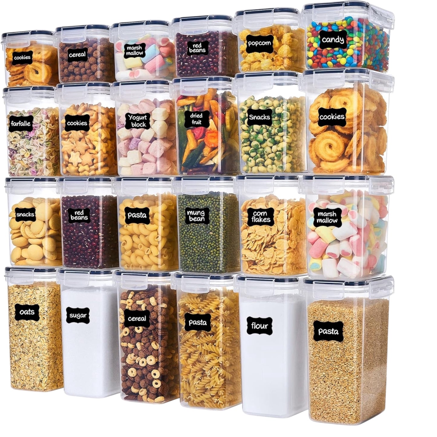 Set of 24 Airtight Food Storage Containers with Labels – BPA-Free Plastic Kitchen Pantry Organiser (Black Lids)