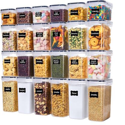 Set of 24 Airtight Food Storage Containers with Labels – BPA-Free Plastic Kitchen Pantry Organiser (Black Lids)