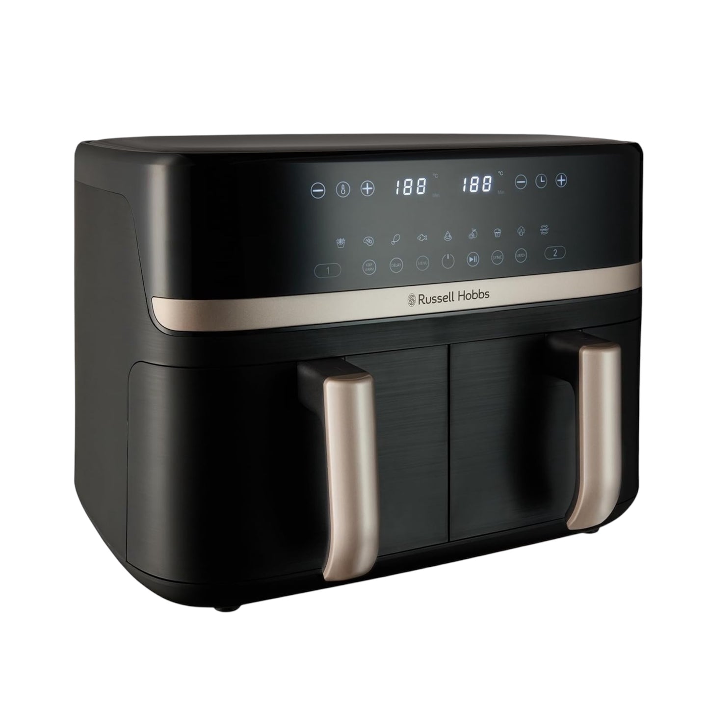 Satisfry Dual Air Fryer – 9L, Dual Basket/Zone, 9 Programmes, Low-Noise, Oil-Free Cooking, Black & Champagne 27680