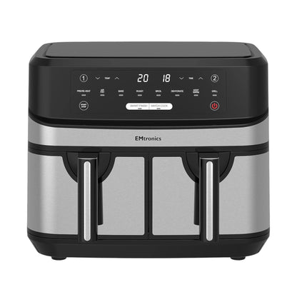 EMAFDD9LSL Dual Air Fryer – 9L XL Family Size, 8 Pre-Set Menus, Oil-Free & Low-Fat Healthy Cooking, Stainless Steel Interior, 1750W, 99-Min Timer