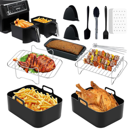 11-Piece Air Fryer Accessories Set – Compatible with Ninja, Tower & Other Brands, Includes Air Fryer Rack, Non-Stick Pan, Silicone Pots, Liners, Gloves & More