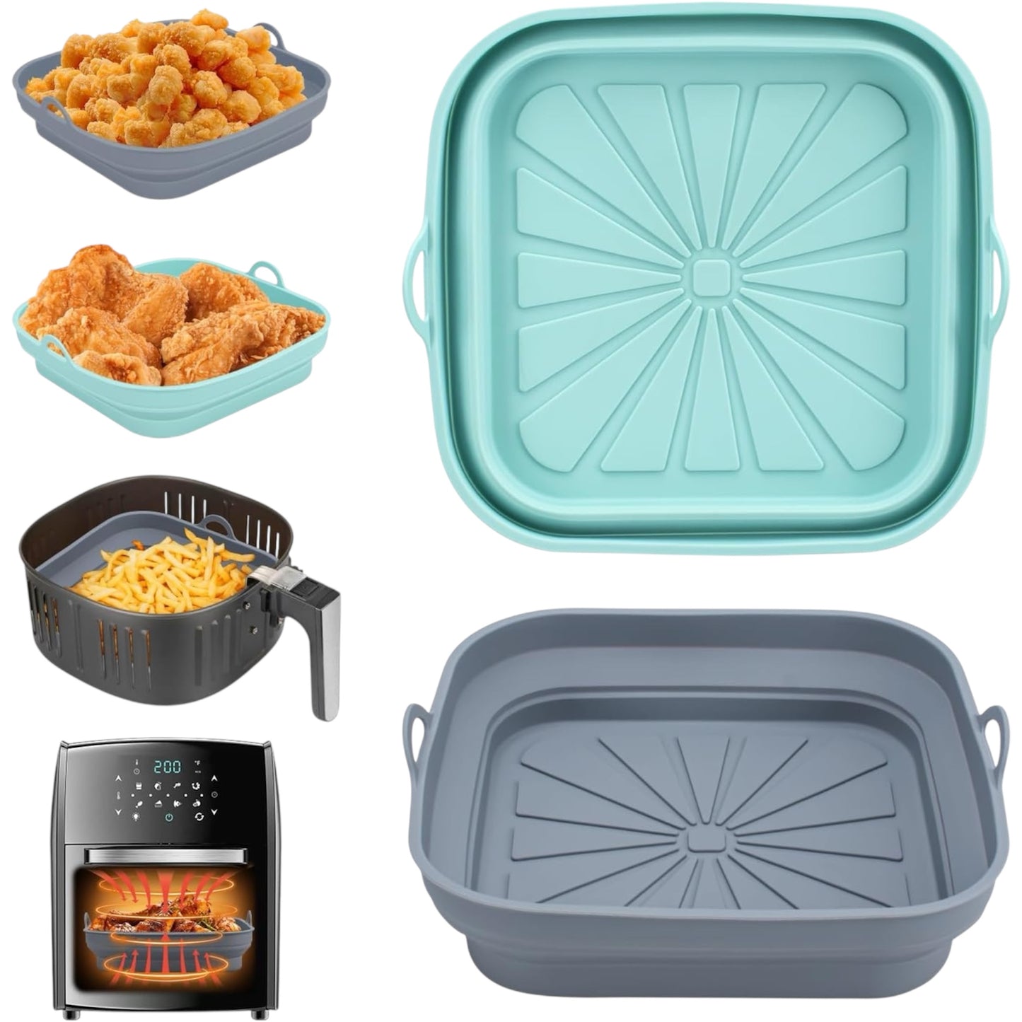 2PCS Silicone Air Fryer Liners – Reusable Foldable Trays with Handles, Non-Stick Heat Resistant Basket for Air Fryer, Oven & Microwave (Blue + Grey, 21cm)