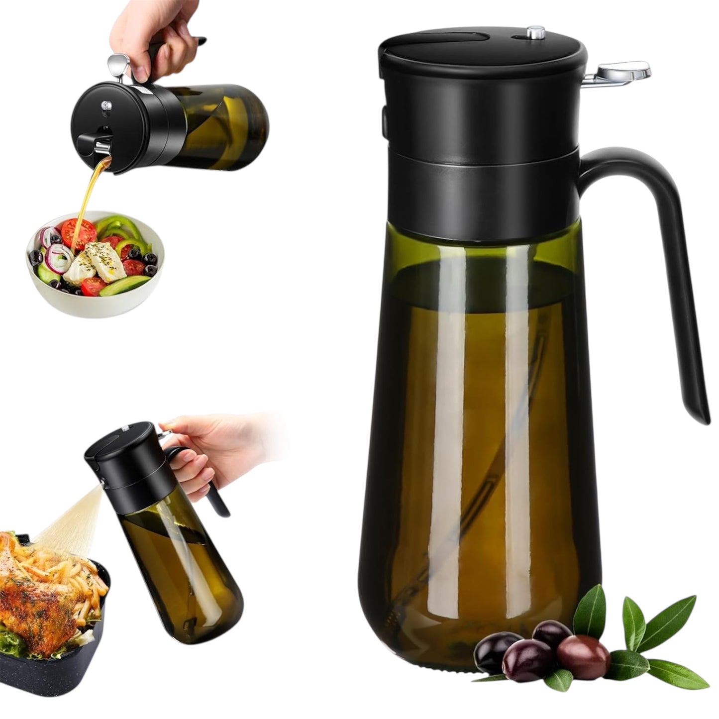 Oil Spray Bottle, 2-In-1 Oil Dispenser&Sprayer Light-Blocking Glass Oil Bottle[Fine Spray & Clog-Resistant Filter] Oil Sprayer for Kitchen Cooking, Air Fryer, Olive Oil/Vinegar/Sauce 580Ml