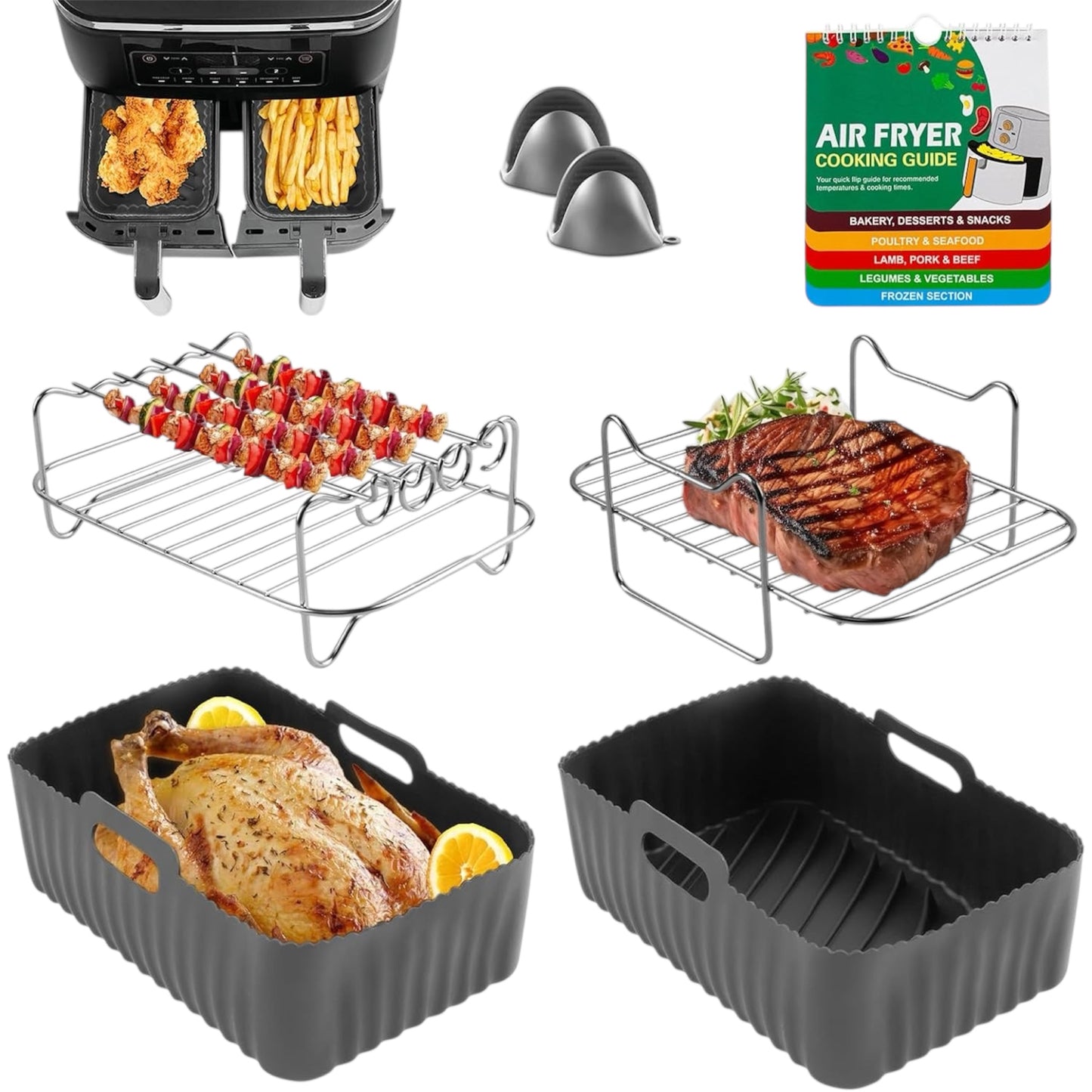 7-Piece Air Fryer Accessories Set for Ninja Dual Air Fryer AF451UK/AF300UK/AF400UK, Tower T17088 – Silicone Liners, Racks, Gloves & Cheat Sheet (Grey, 7.6–9.5L)