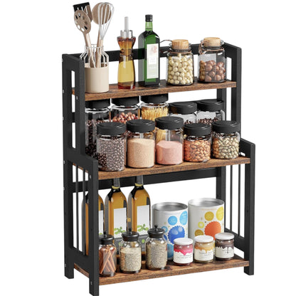3-Tier Spice Rack Organiser – Rustic Brown & Black Bamboo Frame, Desktop Storage Shelf for Kitchen, Dining Room, Office (41 × 18 × 53 cm, OFS047B01)