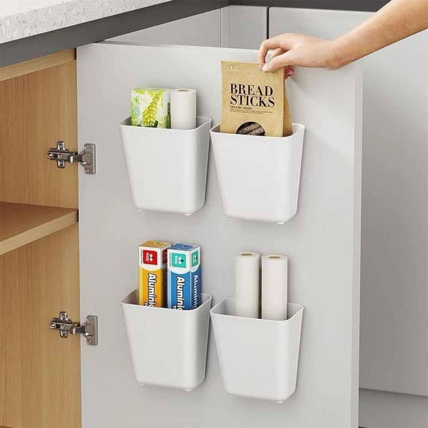 4pcs Self-Adhesive Cabinet Door Storage Box – Wall Mounted Organiser for Kitchen, Bathroom, Wardrobe & Fridge (White, ABS Plastic)